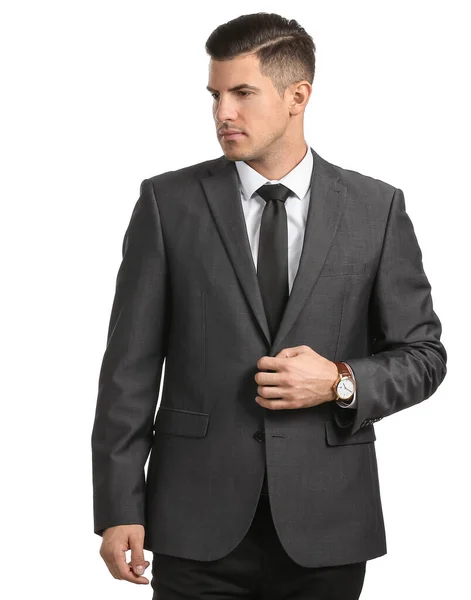 Handsome Man Formal Suit Looking Aside White Background — Stock Photo, Image