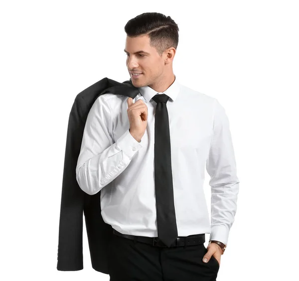 Jóképű Férfi Formális Öltöny Tartó Kabát Válla Fölött Fehér Háttér — Stock Fotó