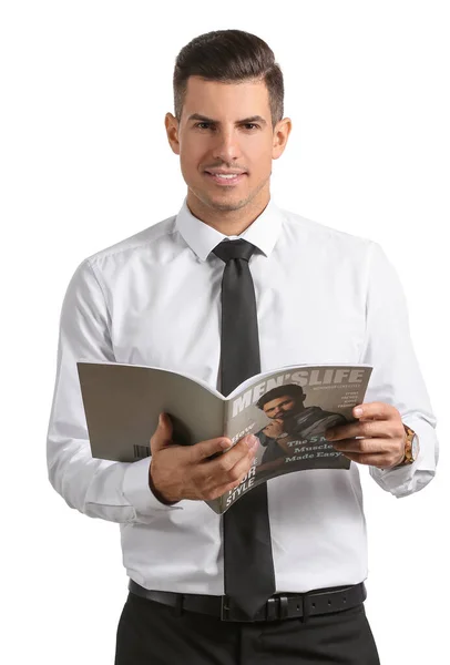 Hezký Muž Formálním Oblečení Drží Časopis Bílém Pozadí — Stock fotografie