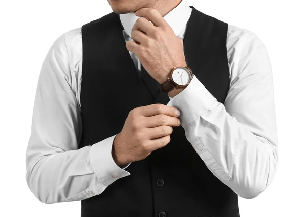 Gentleman Stilvoller Kleidung Ärmel Anpassend Auf Weißem Hintergrund Nahaufnahme — Stockfoto