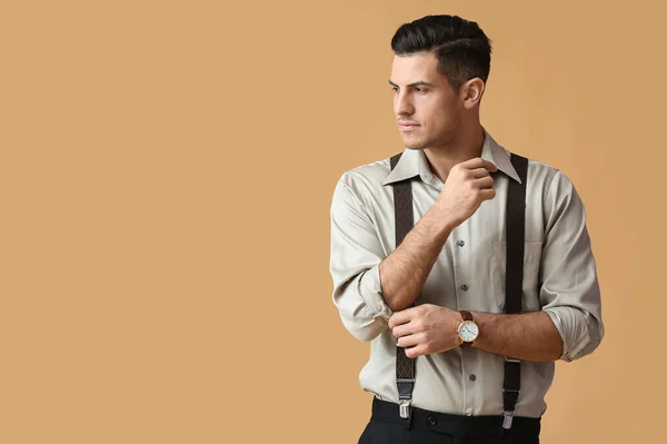 Fashionable Gentleman Adjusting Sleeve Color Background — Stock Photo, Image