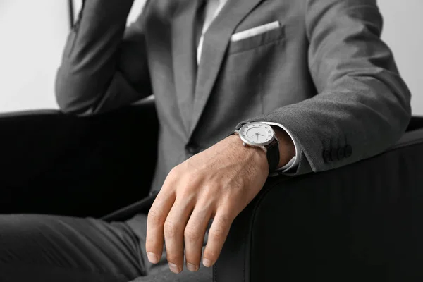 Handsome Man Elegant Suit Stylish Wristwatch Sitting Armchair Closeup — Stock Photo, Image