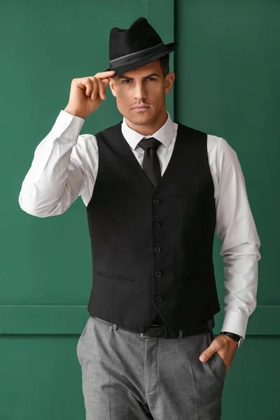 Gentleman Formal Clothes Wearing Stylish Hat Color Background — Stock Photo, Image