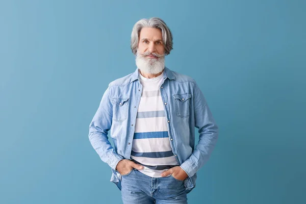 Bearded Senior Man Grey Background — Stock Photo, Image