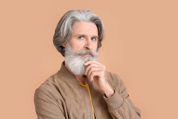 Thoughtful Senior Man Stylish Jacket Beige Background — Stock Photo, Image