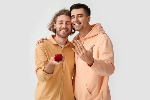 Happy Engaged Gay Couple Light Background — Stock Photo, Image