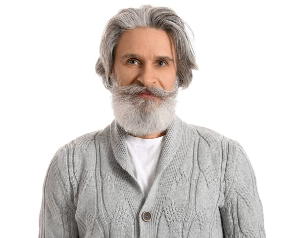 Bello Uomo Anziano Maglia Maglione Sfondo Bianco — Foto Stock