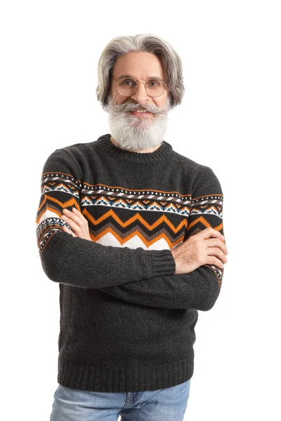 Schöner Älterer Herr Strickpullover Auf Weißem Hintergrund — Stockfoto