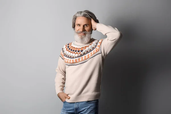 Handsome Senior Man Knitted Sweater Grey Background — Stock Photo, Image