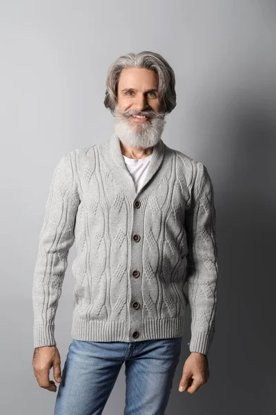 Handsome Senior Man Knitted Sweater Grey Background — Stock Photo, Image