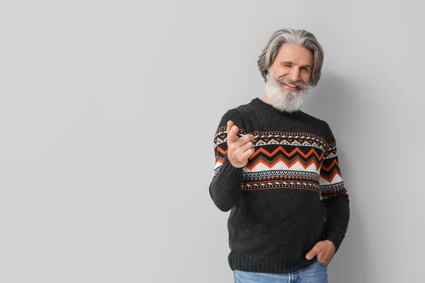 Handsome Cool Senior Man Knitted Sweater Grey Background — Stock Photo, Image