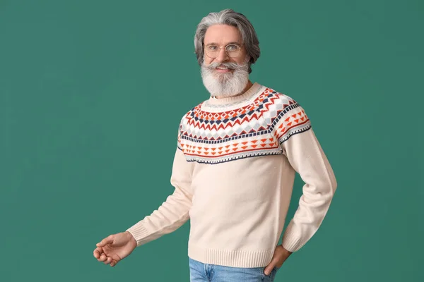 Handsome Senior Man Knitted Sweater Green Background — Stock Photo, Image