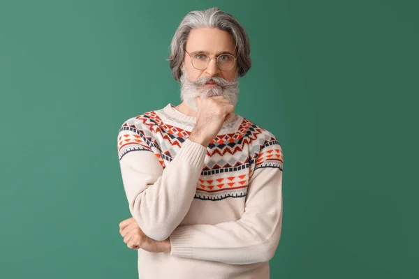 Handsome Senior Man Knitted Sweater Green Background — Stock Photo, Image