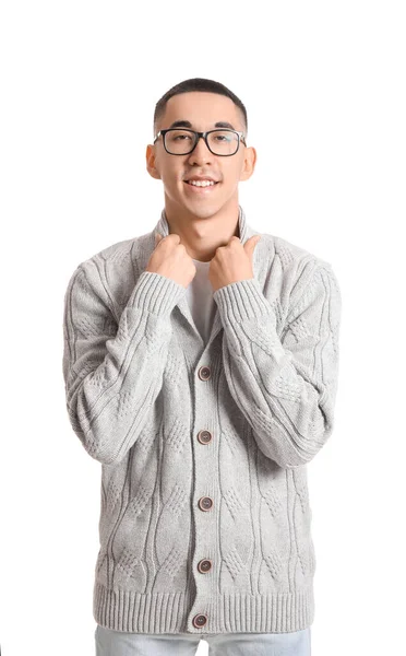 Stilig Asiatisk Man Stickad Tröja Vit Bakgrund — Stockfoto