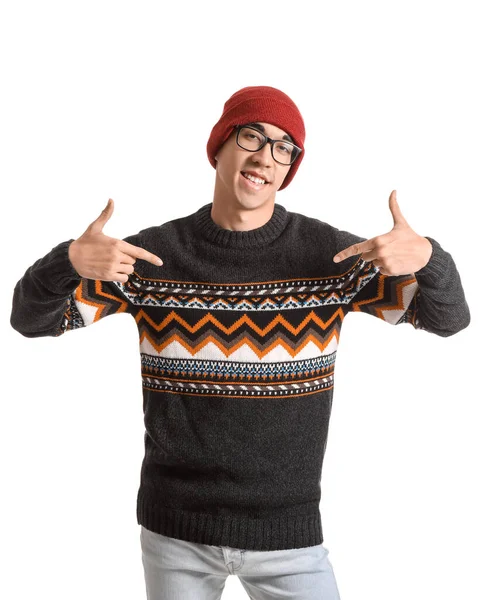 Schöner Cooler Asiatischer Mann Strickpullover Auf Weißem Hintergrund — Stockfoto