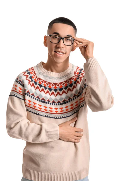 白い背景にニットセーターでハンサムなアジア人男性 — ストック写真
