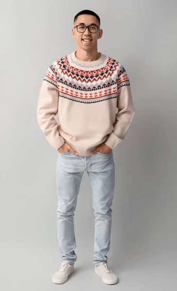 Handsome Young Asian Man Knitted Sweater Grey Background — Stock Photo, Image