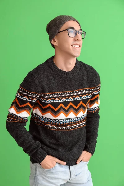 Handsome Young Asian Man Knitted Sweater Green Background — Stock Photo, Image