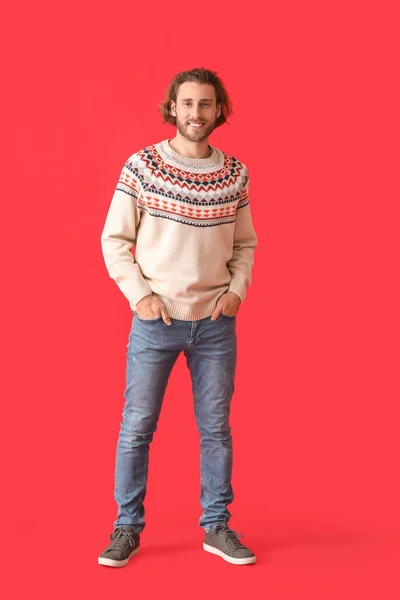 Handsome Young Man Knitted Sweater Color Background — Stock Photo, Image