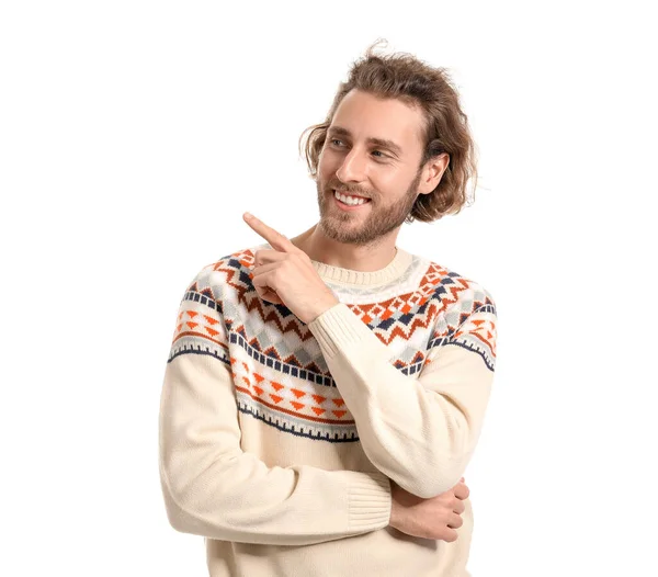 Handsome Young Man Knitted Sweater Pointing Something White Background — Stock Photo, Image