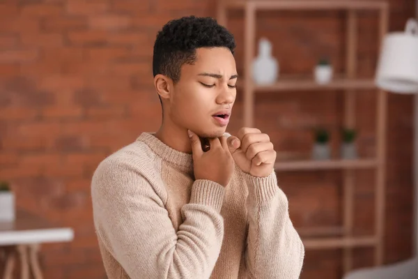 Ill African American Guy Sore Throat Home — Stock Photo, Image