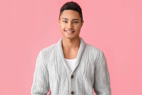 Handsome African American Guy Knitted Sweater Color Background — Stock Photo, Image