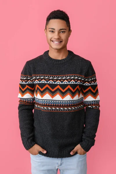 Handsome African American Guy Knitted Sweater Color Background — Stock Photo, Image
