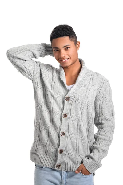 Schöner Afroamerikanischer Typ Strickpullover Auf Weißem Hintergrund — Stockfoto