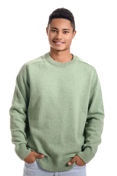 Handsome African American Guy Knitted Sweater White Background — Stock Photo, Image