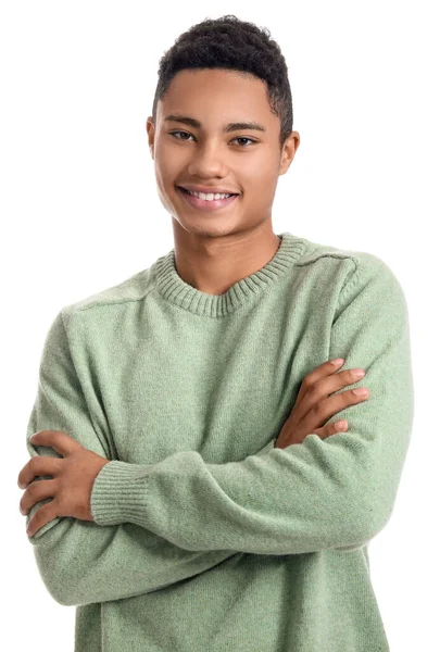 Handsome African American Guy Knitted Sweater White Background — Stock Photo, Image