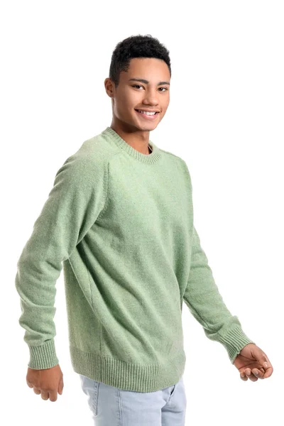 Handsome African American Guy Knitted Sweater White Background — Stock Photo, Image