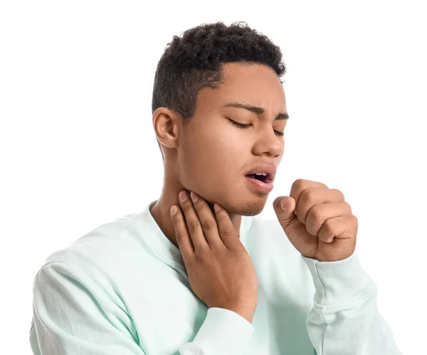 Ill African American Guy Sore Throat White Background — Stock Photo, Image