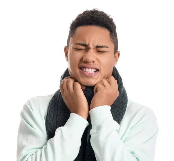 Ill African American Guy Sore Throat White Background — Stock Photo, Image