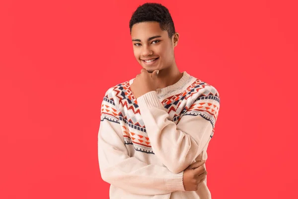 Handsome African American Guy Knitted Sweater Red Background — Stock Photo, Image