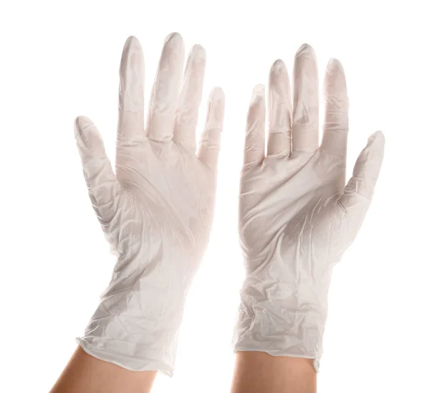 Γυναίκα Ιατρικά Γάντια Λευκό Φόντο — Φωτογραφία Αρχείου