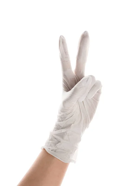 Γυναίκα Στο Ιατρικό Γάντι Δείχνει Δύο Δάχτυλα Λευκό Φόντο — Φωτογραφία Αρχείου