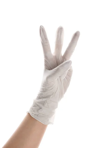 Γυναίκα Στο Ιατρικό Γάντι Δείχνει Τρία Δάχτυλα Λευκό Φόντο — Φωτογραφία Αρχείου
