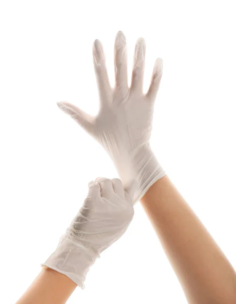 Kobieta Rękawiczkach Medycznych Białym Tle — Zdjęcie stockowe