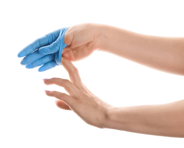 Woman Taking Medical Glove White Background — Stock Photo, Image