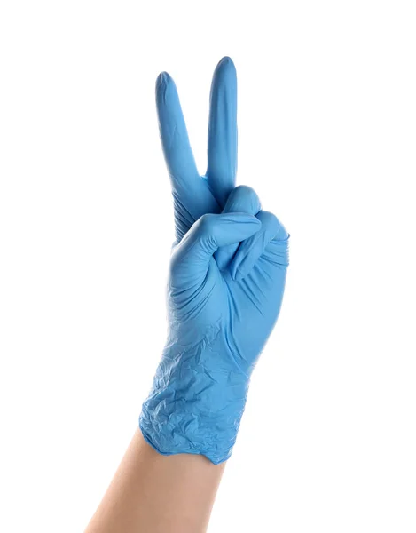 Mujer Guante Médico Azul Mostrando Dos Dedos Sobre Fondo Blanco — Foto de Stock