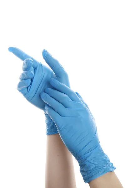 Γυναίκα Μπλε Ιατρικά Γάντια Λευκό Φόντο — Φωτογραφία Αρχείου