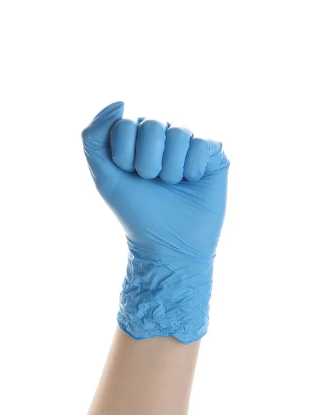 Kobieta Niebieskiej Rękawicy Medycznej Zaciśniętą Pięścią Białym Tle — Zdjęcie stockowe