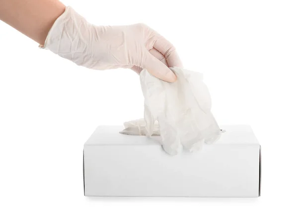 Woman Taking Medical Glove Box White Background — Stock Photo, Image
