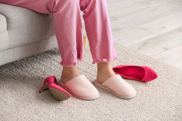 Young Woman Taking High Heels Putting Soft Slippers Home — Stock Photo, Image