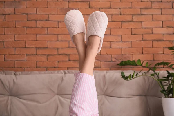 Young Woman Soft Comfortable Slippers Home — Stock Photo, Image