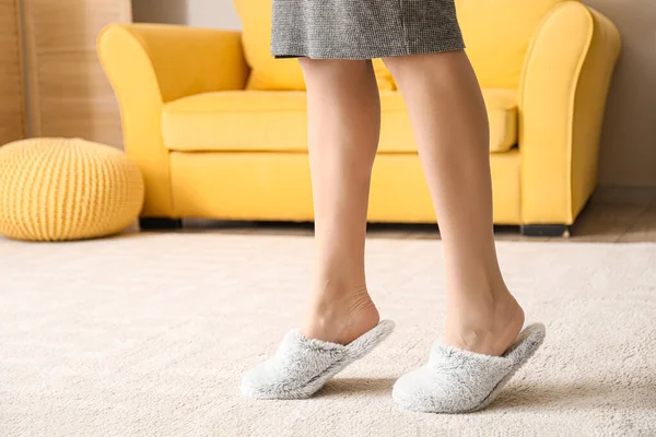 Young Woman Soft Comfortable Slippers Home — Stock Photo, Image