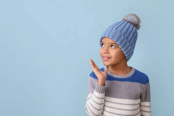 Cute Little African American Boy Winter Clothes Looking Away Color — Stock Photo, Image