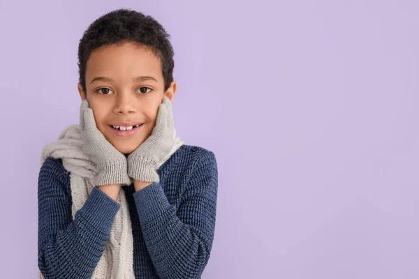Cute Little African American Boy Winter Clothes Color Background — Stock Photo, Image