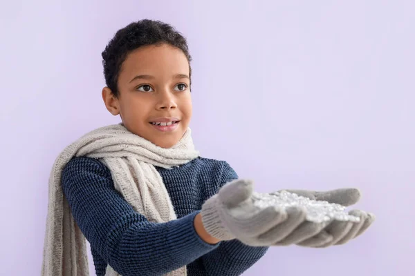 Cute Little African American Boy Winter Clothes Snowflake Color Background — Stock Photo, Image