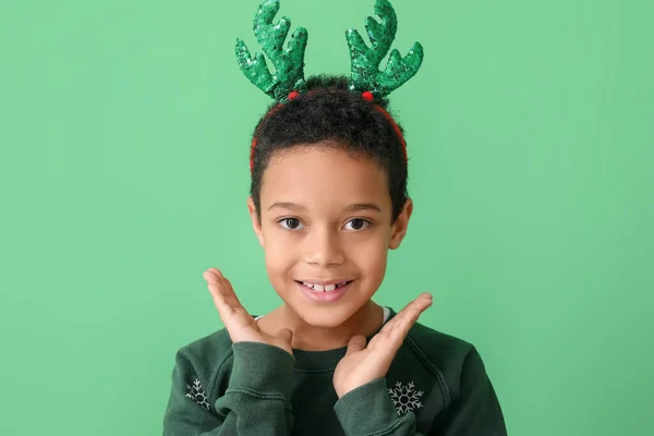 Cute Little African American Boy Reindeer Horns Color Background — Stock Photo, Image